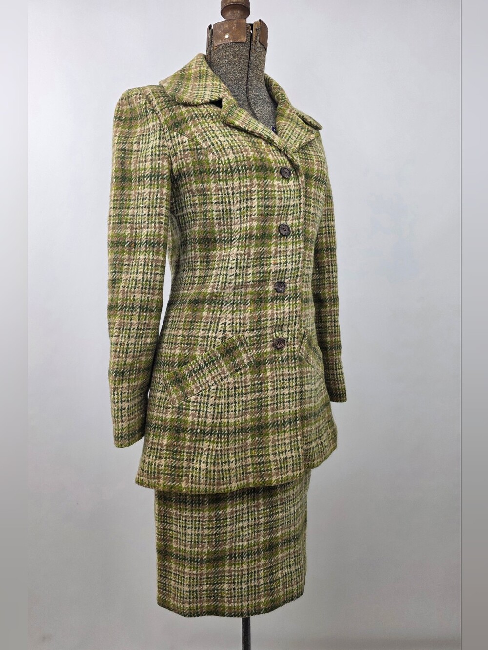 Pendelton Vintage 60's Women's Green Plaid 100% Wool 2-Piece Blazer Skirt Set 8 - Picture 3 of 11